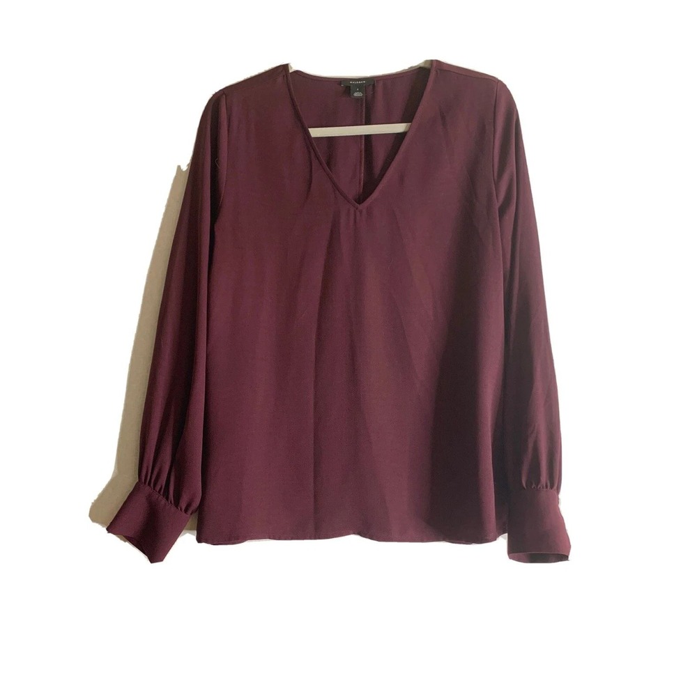 Halogen Blouse Womens Small Burgundy V-Neck Long Sleeve Crepe Office Minimalist